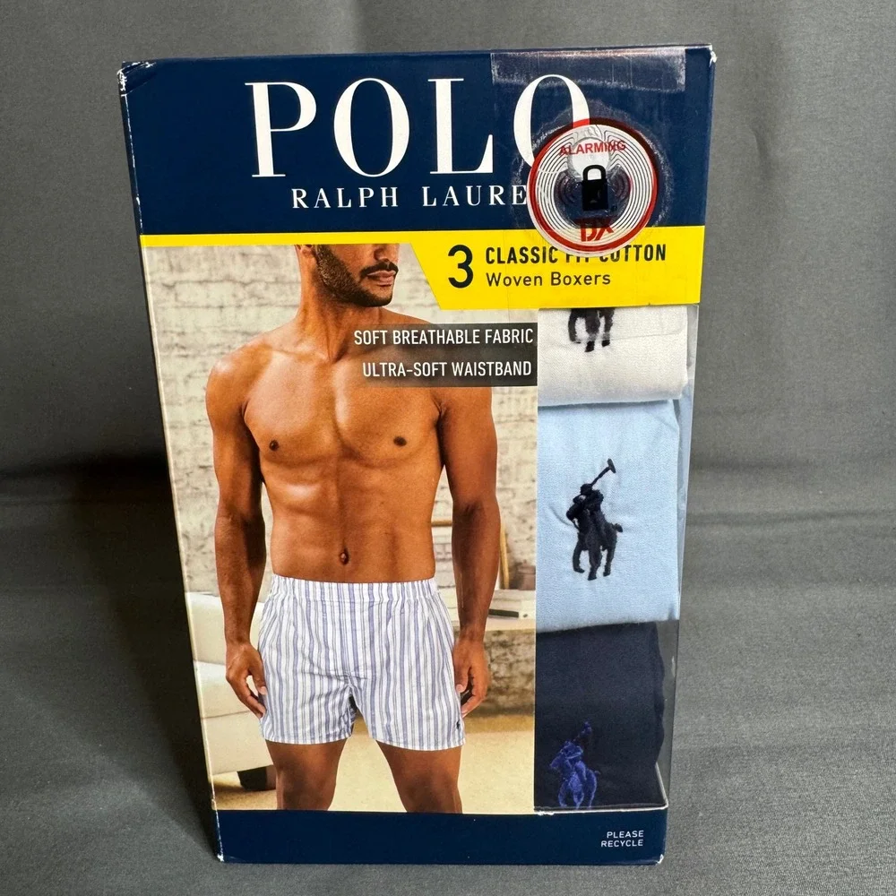 Polo Ralph Lauren Woven Boxers Mens XL Blue White Navy 3-Pack Classic Fit Cotton